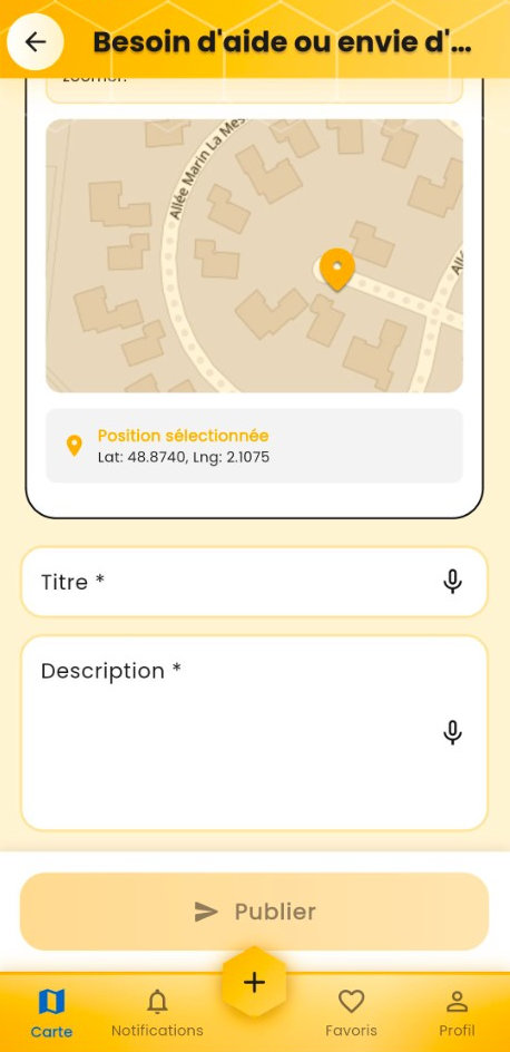 Capture d'écran neerbee : carte avec épingle, position sélectionnée (latitude et longitude), champs Titre et Description, bouton Publier et barre de navigation Carte